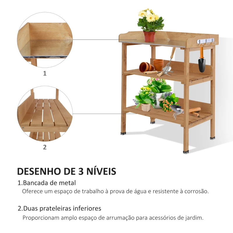 Outsunny Mesa de Plantação em Madeira de 3 Níveis Mesa de Jardinagem com Placa Metálica 2 Prateleiras e Ganchos 76x37x89 cm Madeira