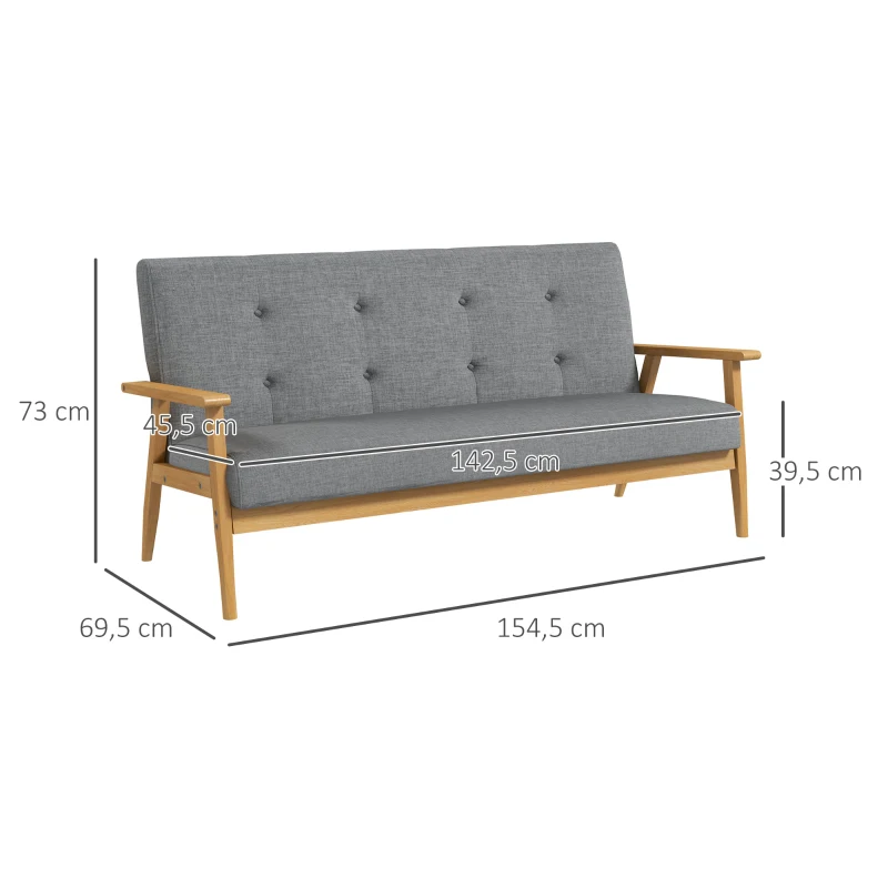 HOMCOM Dreisitzer-Polstersofa, Kautschukholz, 154,5 x 69,5 x 73 cm, Grau(m-3)