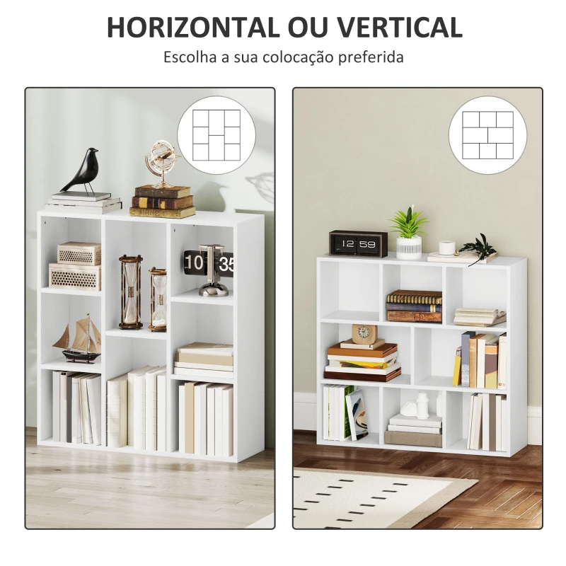 HOMCOM Estante de 3 Níveis Estante para Livros com 8 Compartimentos Desenho Vertical ou Horizontal 74,3x24x80 cm Branco
