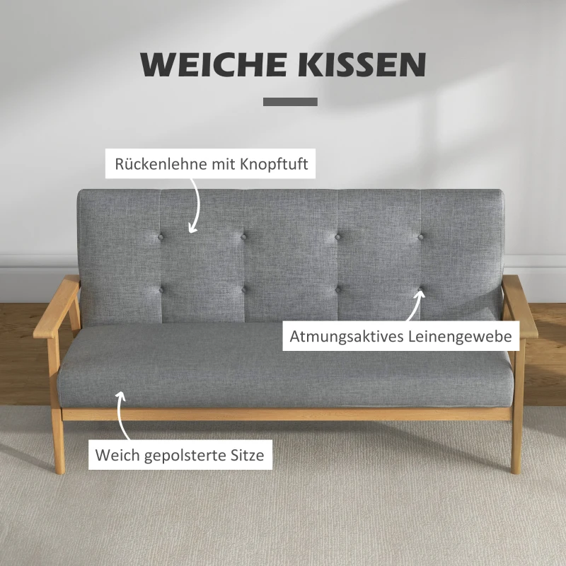HOMCOM Dreisitzer-Polstersofa, Kautschukholz, 154,5 x 69,5 x 73 cm, Grau(m-4)