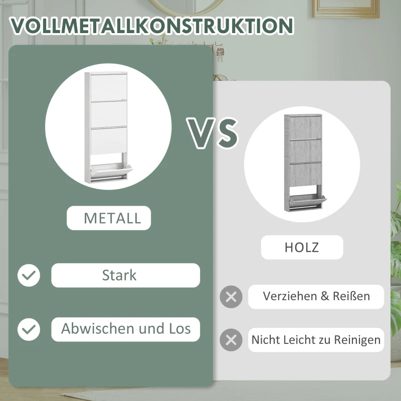 HOMCOM Schmaler Schuhschrank aus Metall für bis zu 8 Paar Schuhe, 4 Kippschubladen, für Flur, Eingangsbereich, Weiß(m-5)