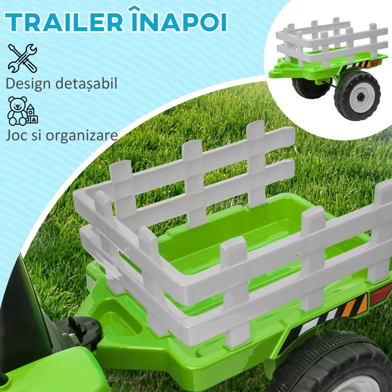 HOMCOM Tractor Electric cu Remorca Detasabila, Masinuta Electrica pe Baterii de 12V pentru Copii, cu Telecomanda, Sunet de Pornire, cu Muzica si Claxon, Lumini, pentru Varste intre 3-6 ani - Verde(m-4)