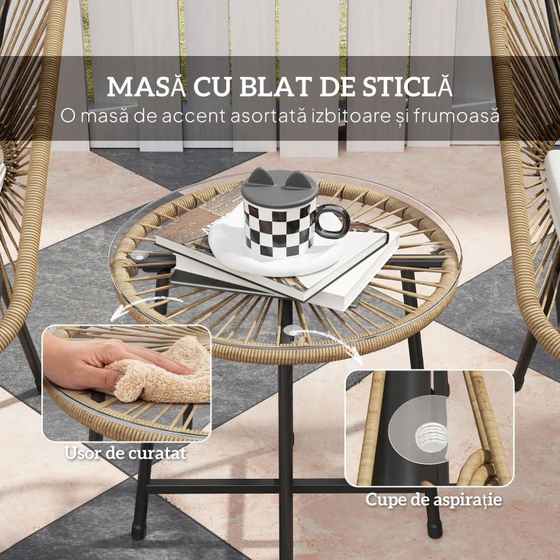 Outsunny Set Bistro din 3 Piese cu Măsuță de Cafea cu Blat de Sticlă și 2 Scaune, Φ45x46 cm, Natural