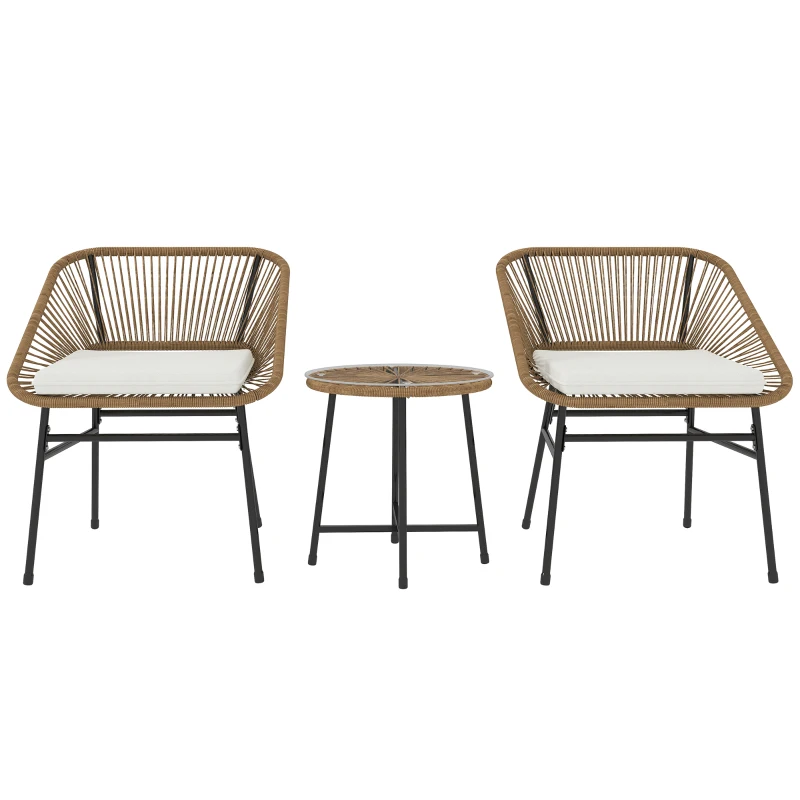 Outsunny Set Bistro din 3 Piese cu Măsuță de Cafea cu Blat de Sticlă și 2 Scaune, Φ45x46 cm, Natural