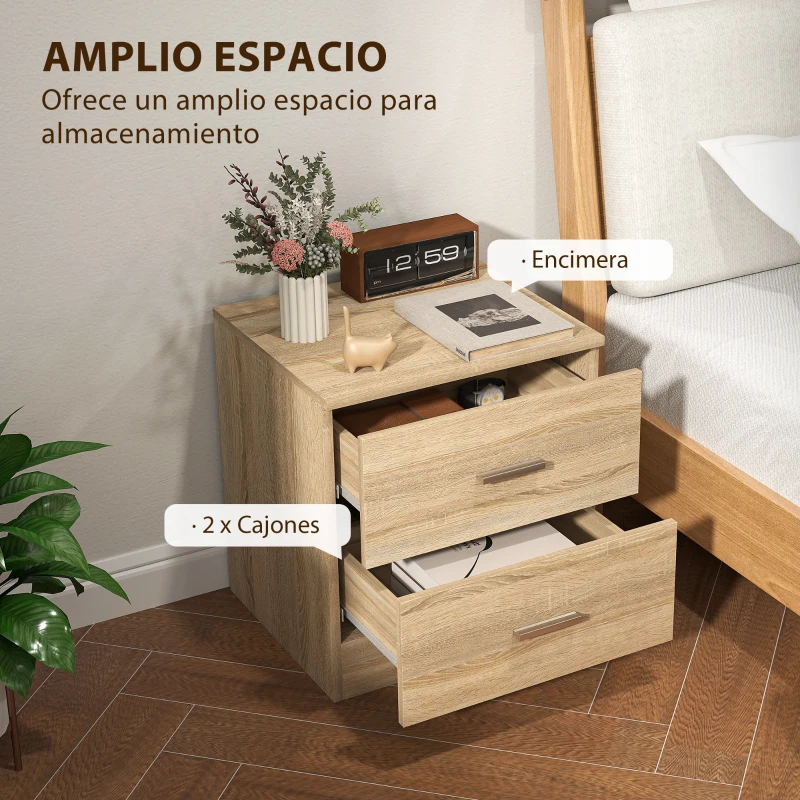HOMCOM Mesilla de Noche con 2 Cajones Mesita Auxiliar para Salón Dormitorio Carga 30 kg 45x39,5x49 cm Natural
