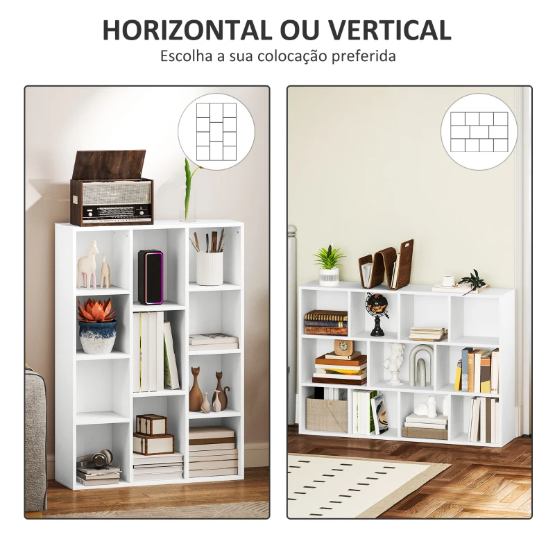 HOMCOM Estante de 3 Níveis Estante para Livros com 11 Compartimentos Desenho Vertical ou Horizontal 74,3x24x106 cm Branco
