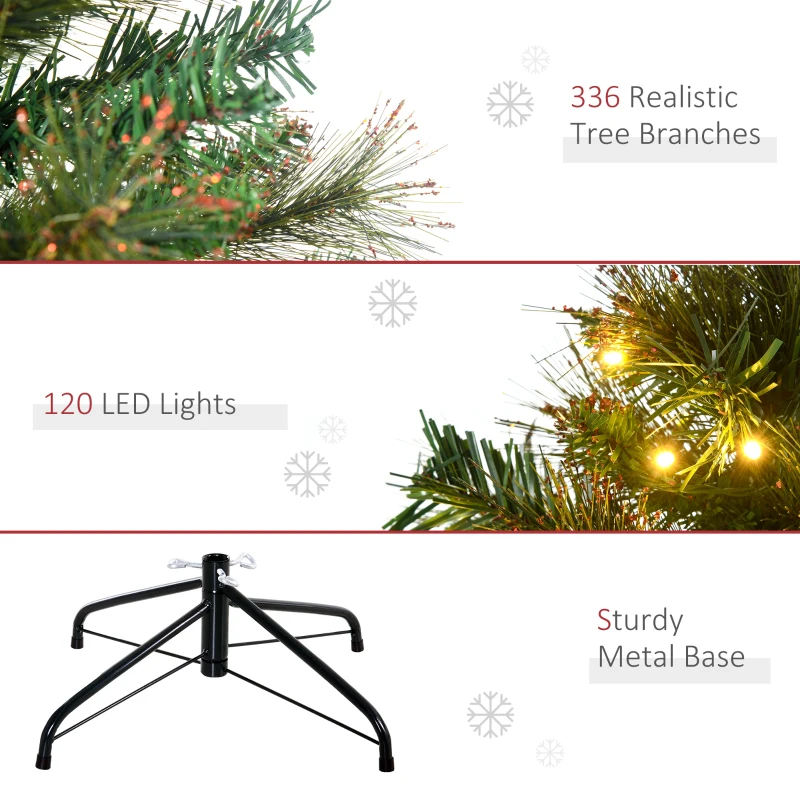 HOMCOM 1.5m 5ft Pre-Lit Christmas Tree Artificial Spruce Xmas Tree Warm White LED Holiday Décor with Metal Stand