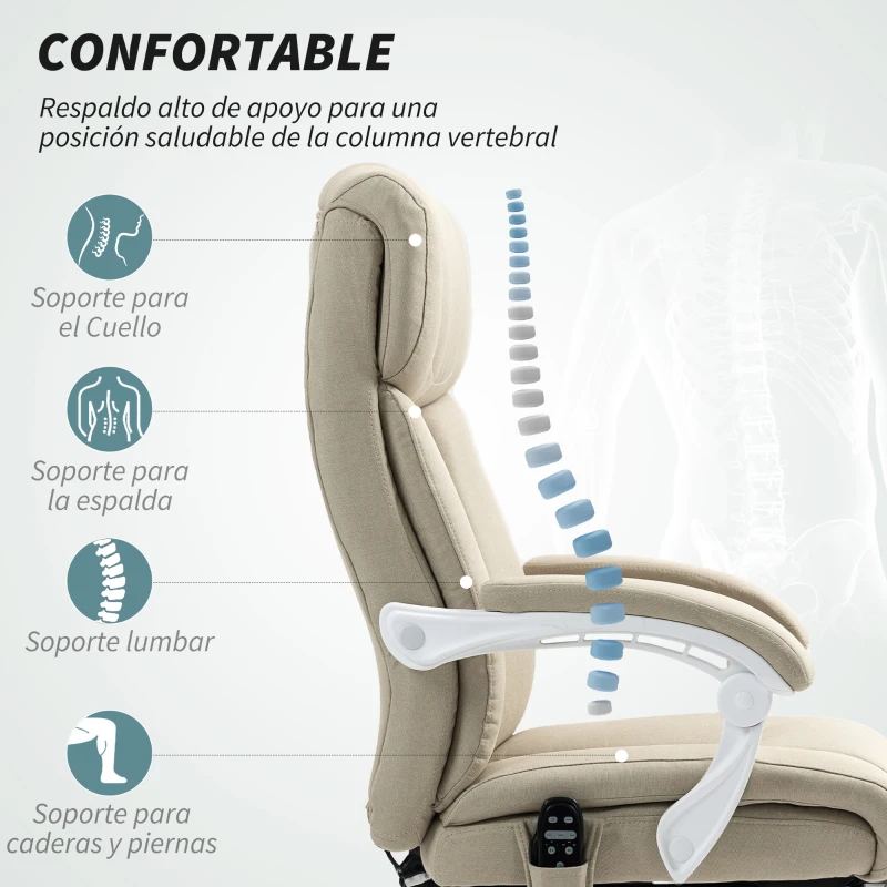 HOMCOM Silla de Oficina de Masaje con Calor con Respaldo Alto Reclinable Lumbar Reposapiés y Ruedas 66x70x112-120 cm Beige