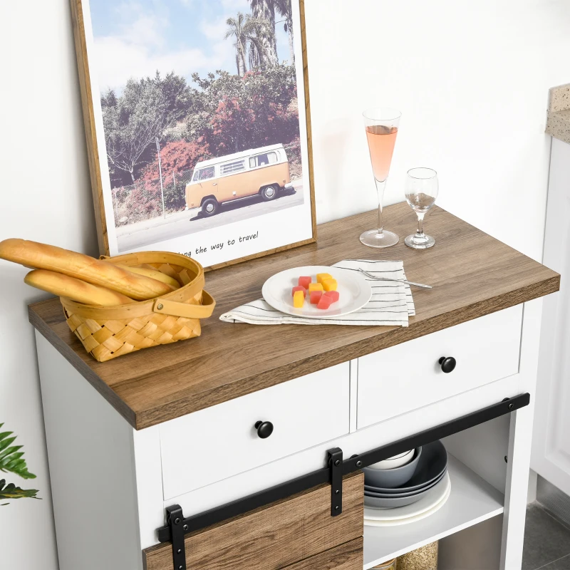 HOMCOM Küchenschrank Sideboard mit 2 Schubladen Weinregale Schiebetür Kommode verstellbaren Ablagen Aufbewahrungsschrank rustikal Weiß 80 x 39 x 86 cm