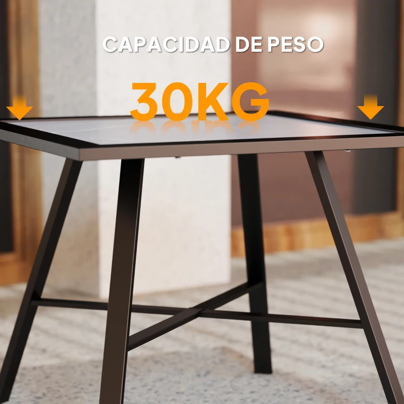 Outsunny Mesa Auxiliar de Jardín con Encimera de Aspecto Piedra Gris y Estructura Negra 55x55x46 cm Mesita de Exterior Compacta