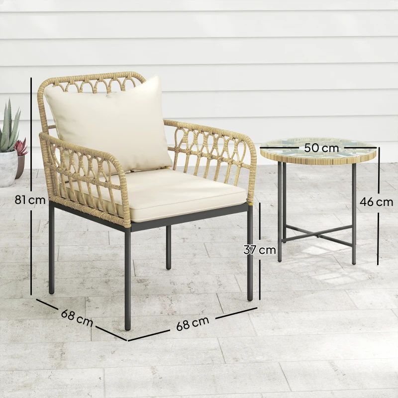 Outsunny 3 Piece Rattan Bistro Set, Wicker Garden Furniture Set with Cushions, Glass Top Coffee Table and Chairs for Outdoor, Patio, Balcony, Beige