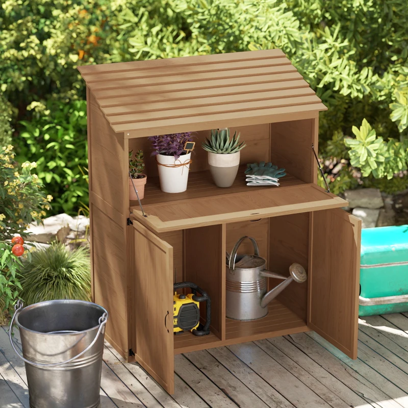 Outsunny Garten-Aufbewahrungsschrank mit ausklappbarem Tisch, Werkzeugschrank mit Dach, 110 x 54 x 136 cm, Tannenholz, Braun(m-8)