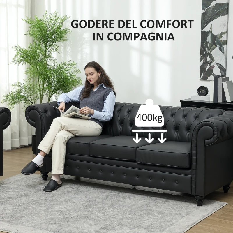 HOMCOM Divano 3 Posti Stile Chesterfield Trapuntato con Molle Insacchettate, Finta Pelle, 213x86x79 cm, Nero