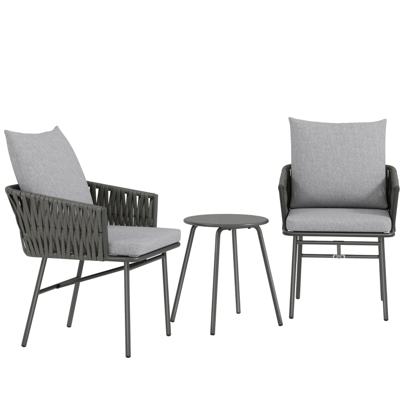 Outsunny 3-Piece Rattan Bistro Set, Garden Table and Chairs with 4 Cushions, Patio Rattan Conversation Furniture Set for Balcony, Porch, Terrace, Grey
