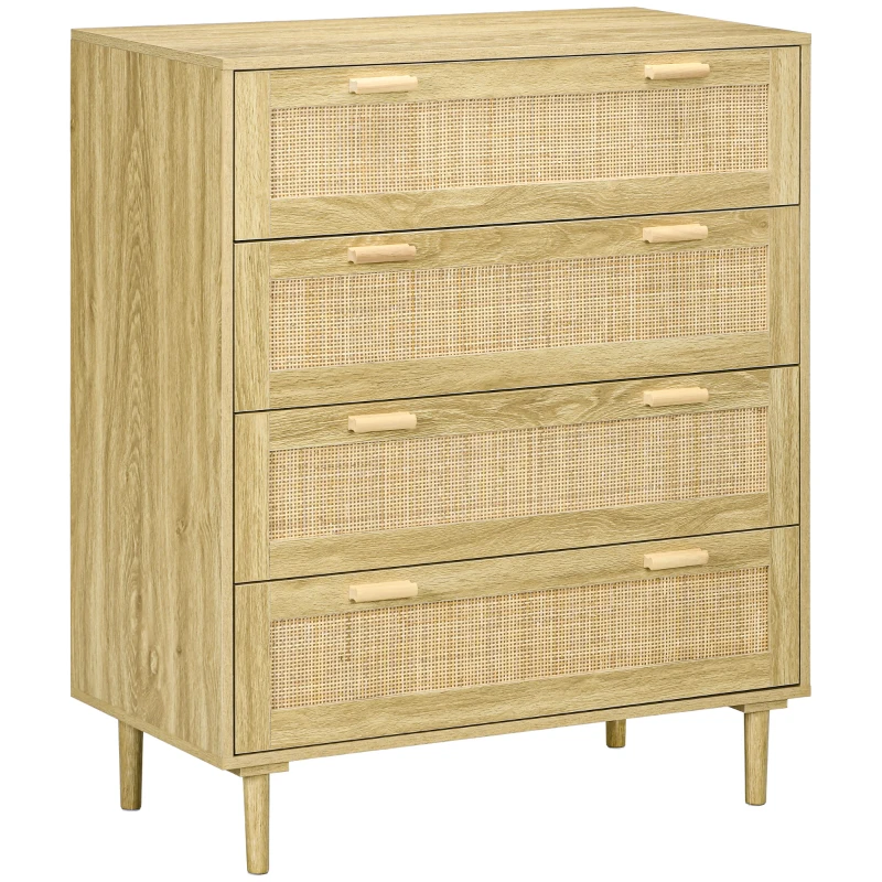 HOMCOM Comodă cu 4 Sertare în Stil Boho, Comodă din Lemn și Ratan pentru Dormitor și Hol, 90x45x108,5 cm, Stejar(m-11)