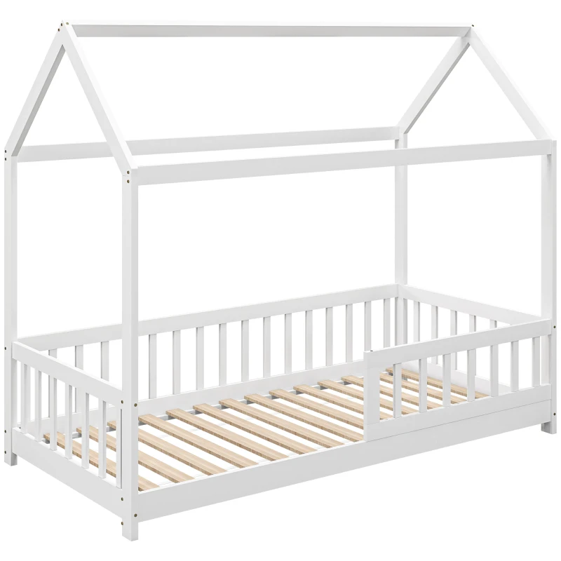 HOMCOM Pat Montessori pentru Copii în Formă de Căsuță cu 15 Șipci și Bariere de Protecție, 96x195x165 cm, Alb