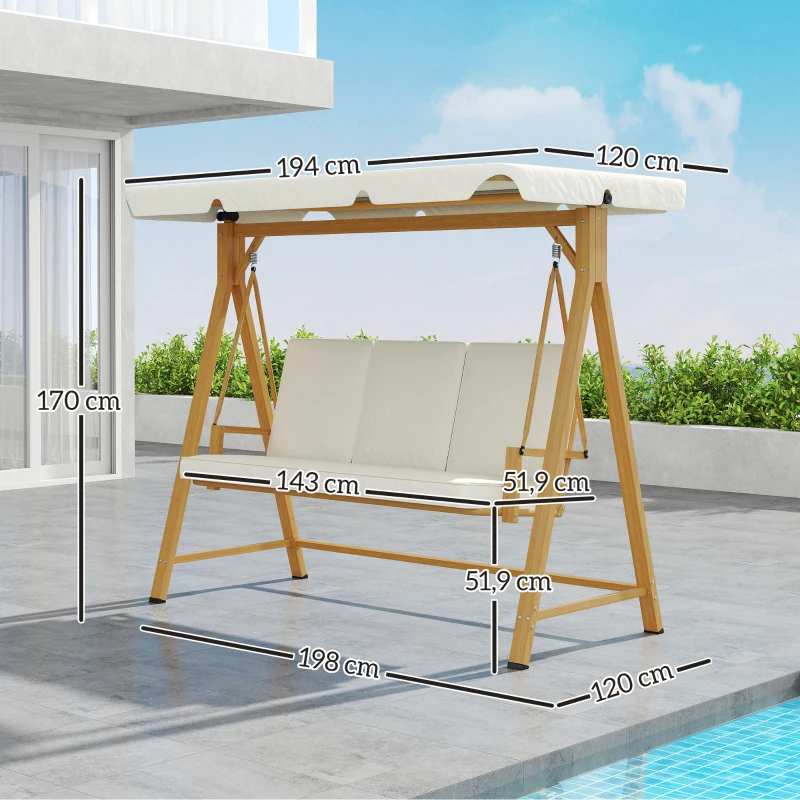 Outsunny Hollywoodschaukel mit verstellbarem Sonnendach Sitzauflage, 3-Sitzer bis 330kg 198 x 120 x 170cm, Beige(m-3)