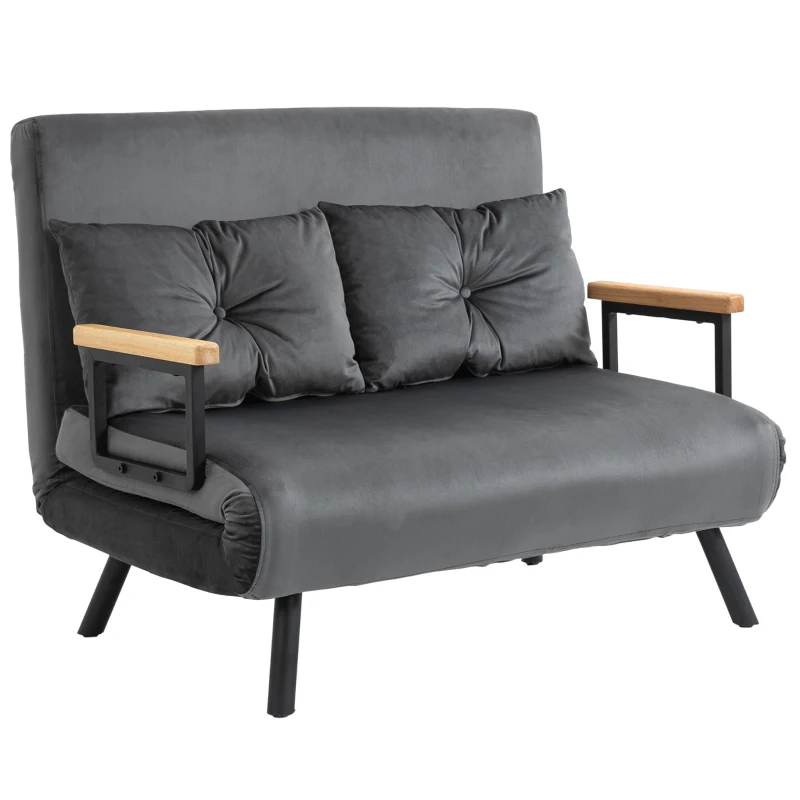 HOMCOM Canapea Pat de 2 Locuri cu Spătar Reglabil pe 5 Nivele și 2 Perne din Material Capitonat, 102x73x81 cm, Gri Închis(m-11)