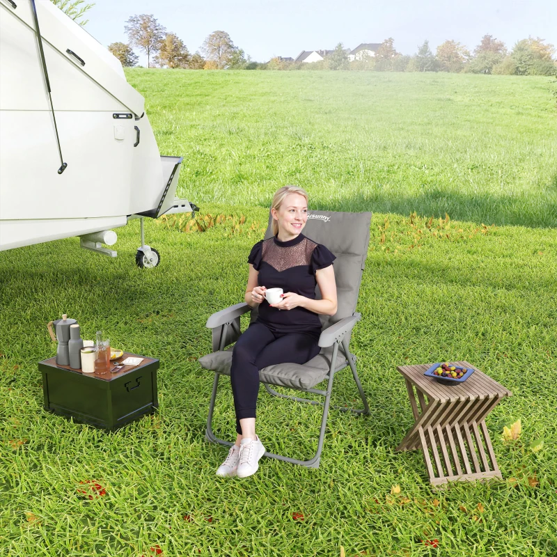 Outsunny Scaun de Camping Pliabil cu Spătar Înalt Reglabil în 5 Poziții și Buzunare Laterale, 66x58x105 cm, Gri Deschis