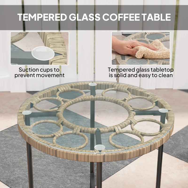 Outsunny 3 Piece Rattan Bistro Set, Wicker Garden Furniture Set with Cushions, Glass Top Coffee Table and Chairs for Outdoor, Patio, Balcony, Beige