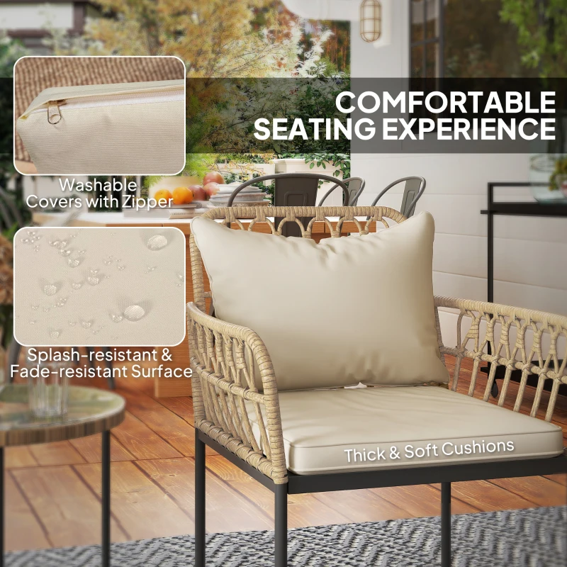 Outsunny 3 Piece Rattan Bistro Set, Wicker Garden Furniture Set with Cushions, Glass Top Coffee Table and Chairs for Outdoor, Patio, Balcony, Beige