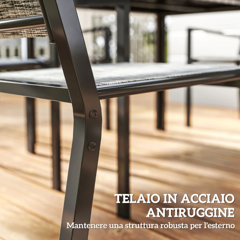 Outsunny Set da Giardino 7 Pezzi in Acciaio con Tavolo Rettangolare e 6 Sedie Impilabili Traspiranti, Grigio e Nero