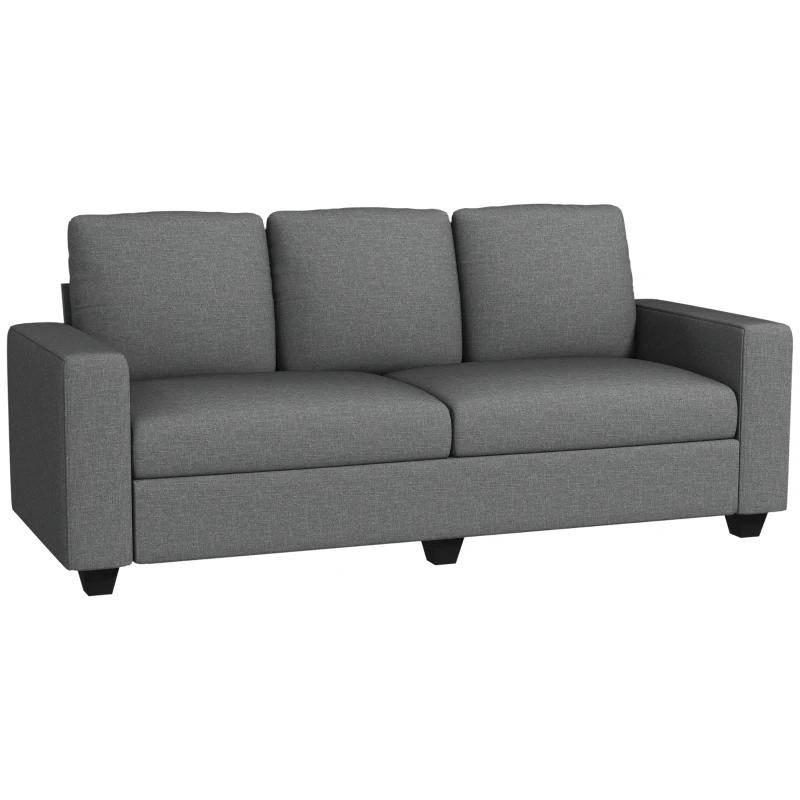HOMCOM Canapea de 3 Locuri din Material Textil cu Brațe, Perne Căptușite și Înveliș cu Efect de In, 237x94x102 cm, Gri(m-11)