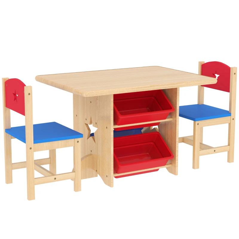 AIYAPLAY Set Masă și Scaune pentru Copii 3-7 Ani, cu 2 Scaune și 4 Compartimente de Depozitare, 77x57x50 cm, Lemn Natural