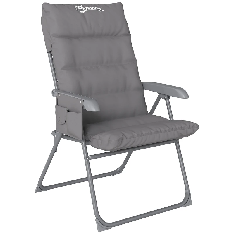 Outsunny Scaun de Camping Pliabil cu Spătar Înalt Reglabil în 5 Poziții și Buzunare Laterale, 66x58x105 cm, Gri Deschis