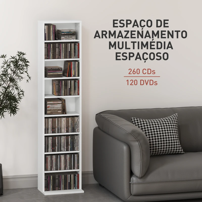 HOMCOM Estante para CDs e DVDs Suportes para CD Estreitos com 9 Compartimentos Prateleiras Ajustáveis 33x24x140 cm Branco