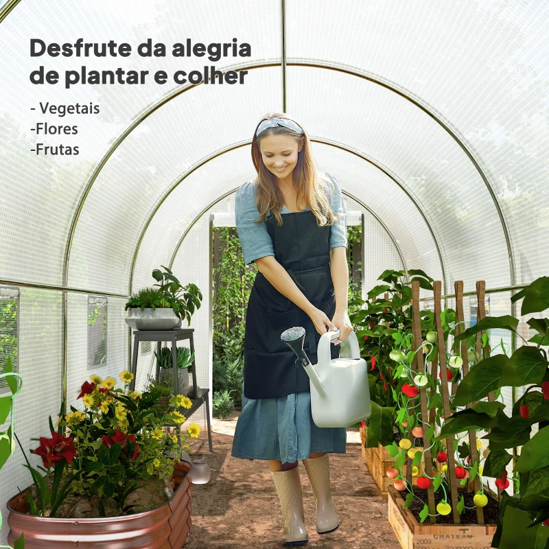 Outsunny Estufa tipo Túnel 500x200x205 cm Estufa de Jardim com Porta Enrolável e 8 Janelas Cobertura de PE 140 g/m² Branco