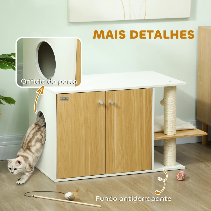 PawHut Móvel Caixa de Areia para Gatos 3 em 1 para Gatos com Poste para Arranhar e Centro de Jogos 94x48x50,5 cm Carvalho e Branco