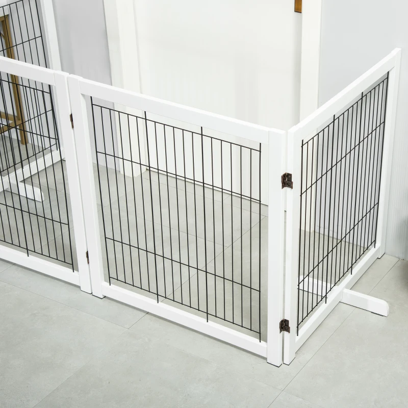 PawHut Türschutzgitter Holz Absperrgitter für Hunde Schutzgitter Hundegitter Sicherheitstür Bidirektionales Falten Stahl Weiß 305 x 35,5 x 82 cm