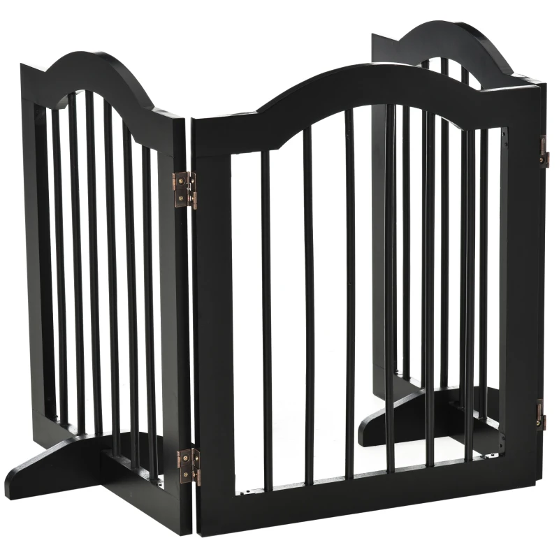 PawHut Absperrgitter Hund 3-teilig, 154,5 x 61 cm Faltbar Hundegitter mit Tür, Türschutzgitter mit 2 Stützfüßen, Freistehend Treppengitter für Küche, Flur, Schwarz