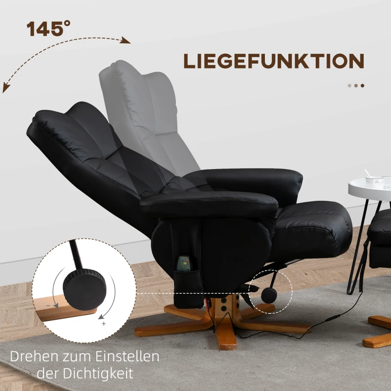 HOMCOM Massagesessel mit Hocker, 145° Neigbarer Relaxsessel mit Massagefunktion Liegefunktion Stauraum, TV-Sessel Fernsehsessel für Wohnzimmer, Kunstleder, 80 x 86 x 99 cm Schwarz
