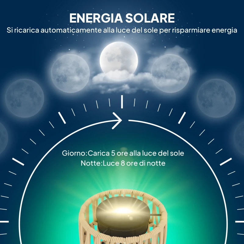 Outsunny Lampada da Esterno Solare in stile Boho con Base Quadrata, in Rattan PE e Acciaio, 45x45x178 cm, Nero e Giallo