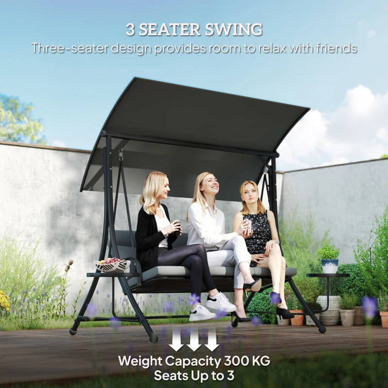 Outsunny Three-Seater Garden Swing, with Adjustable Canopy - Black/Grey