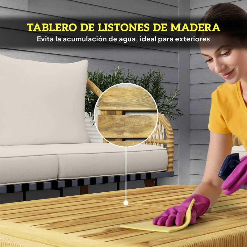 Outsunny Conjunto de Muebles de Exterior de 4 Piezas con Sofá Sillones y Mesa de Acacia con Cojines Gruesos y Ratán PE Natural