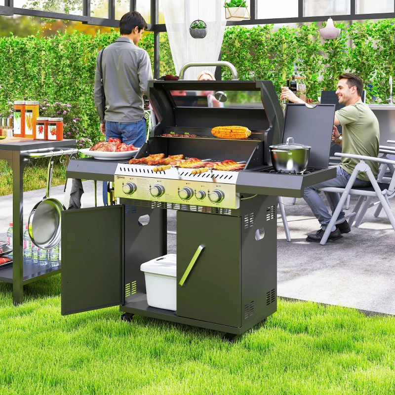 Outsunny Gasgrill 12 KW Grillwagen inkl 5 Brenner Seitenkocher Rolle Deckel Thermometer Seitenablagen 135 x 54 x 110 cm(m-2)