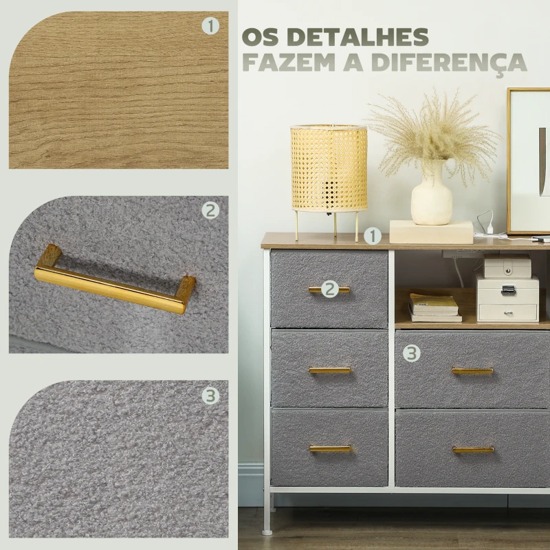 HOMCOM Cómoda com 8 Gavetas Estofada em Borreguito com Estação de Carga Porta USB Tipo-C e Estrutura de Aço 110x30x76 cm Cinzento