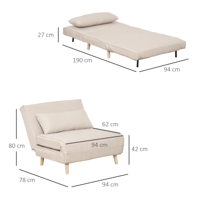 HOMCOM Poltrona Letto 3 in 1 con Schienale Reclinabile in 6 Posizioni, 94x78x80 cm, Beige