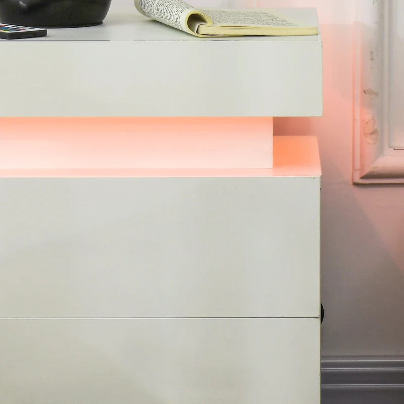 HOMCOM Mesita de Noche Blanca con Luz LED Mesita Decorativa con 2 Cajones y Mando a Distancia 45x35x52 cm Blanco