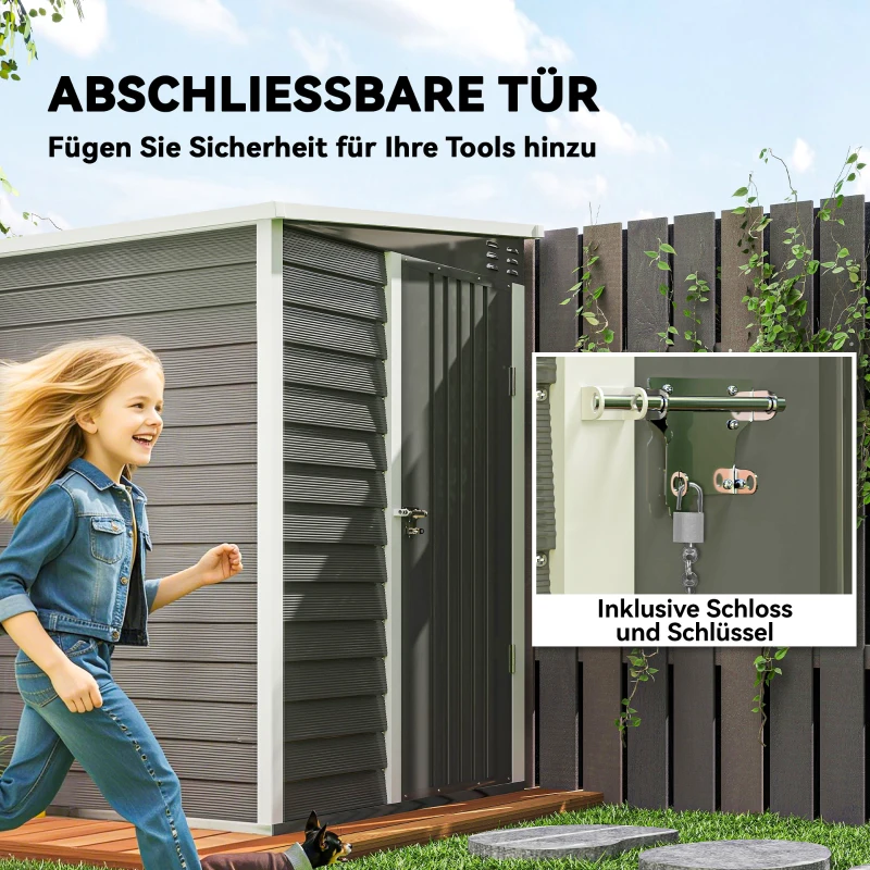 Outsunny Gartenschuppen aus Metall, verzinkter Stahl, verschließbare Tür, leichte Montage, 142 x 184 x 165/181 cm, Grau(m-6)
