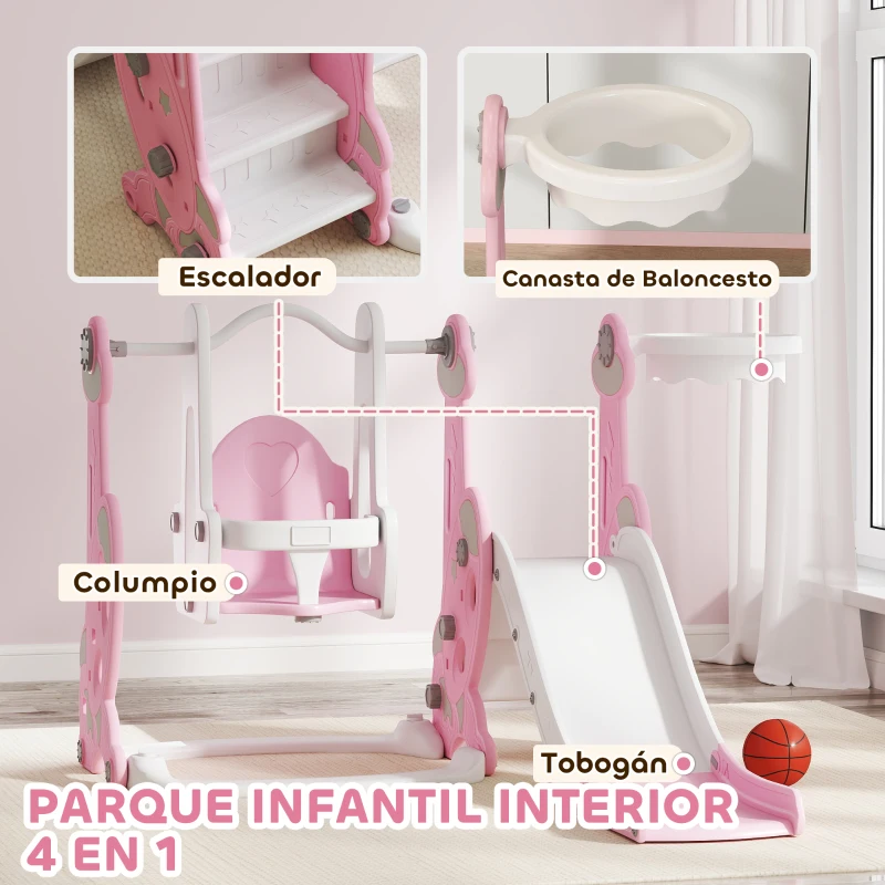 AIYAPLAY 4 en 1 Parque Infantil Interior para +18 Meses Conjunto con Trepador y Canasta con Temática de Cohete Rosa y Blanco