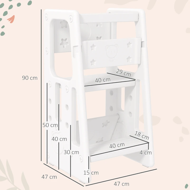 HOMCOM Torre de Aprendizaje para Niños Taburete Infantil con Altura Ajustable en 3 Posiciones y Plataforma Antideslizante para Cocina Comedor Baño 47x47x90 cm Blanco
