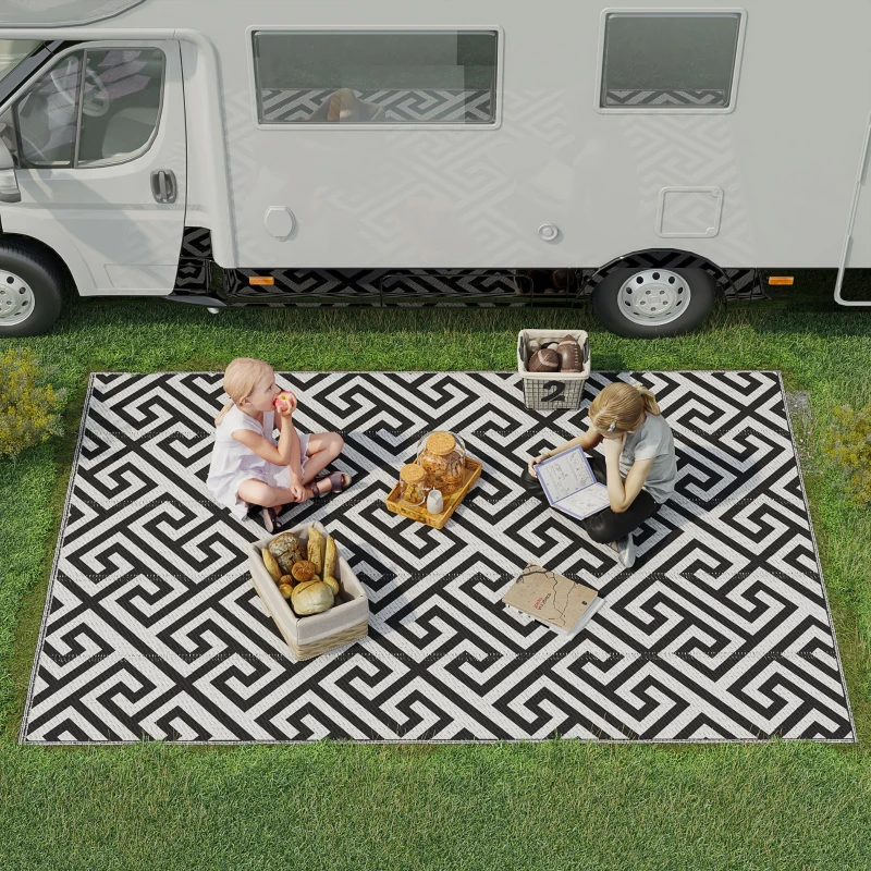 Outsunny Alfombra de Exterior Reversible 182x274 cm con Patrón Geométrico Acabado Impermeable Blanco y Negro