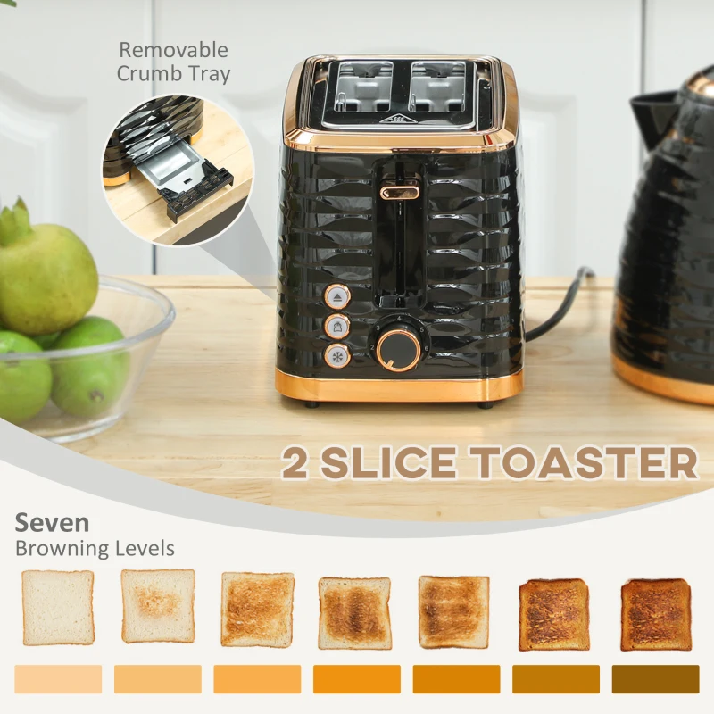 HOMCOM 3000W 1.7L Rapid Boil Kettle & 2 Slice Toaster, Kettle and Toaster Set with 7 Browning Controls and Crumb Tray, Black