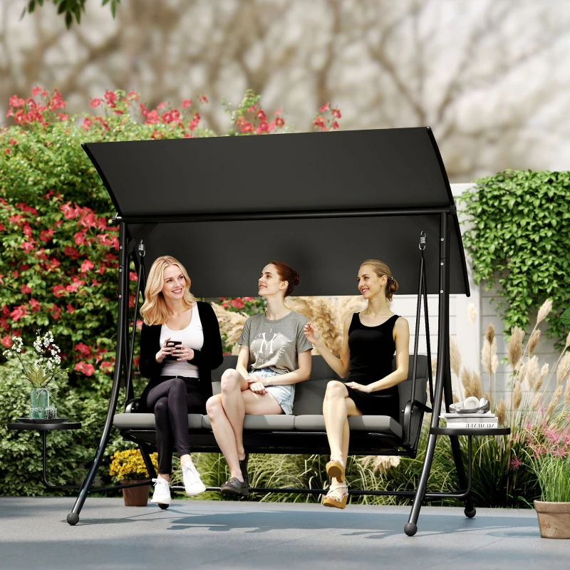Outsunny Three-Seater Garden Swing, with Adjustable Canopy - Black/Grey
