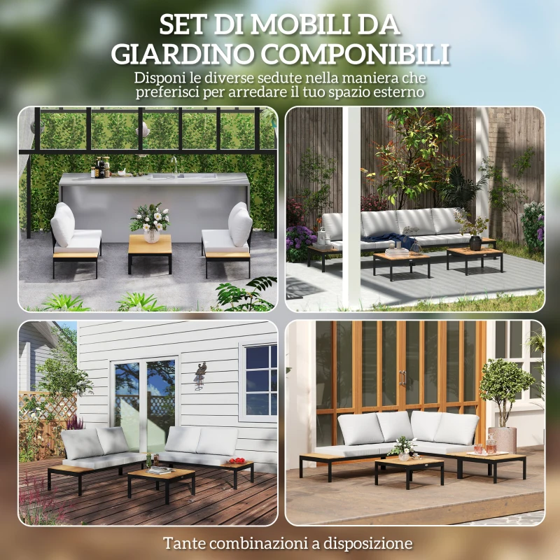 Outsunny Set da Giardino 4 Pezzi con 2 Divanetti 2 Posti e 2 Tavolini in Metallo e Legno Composito, Grigio Nero e Teak