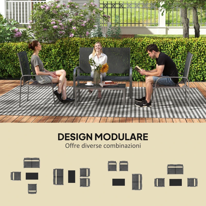 Outsunny Set da Esterno 4pz con Tavolino, 2 Sedie e Divanetto con Schienale Regolabile, in Acciaio e Textilene Nero